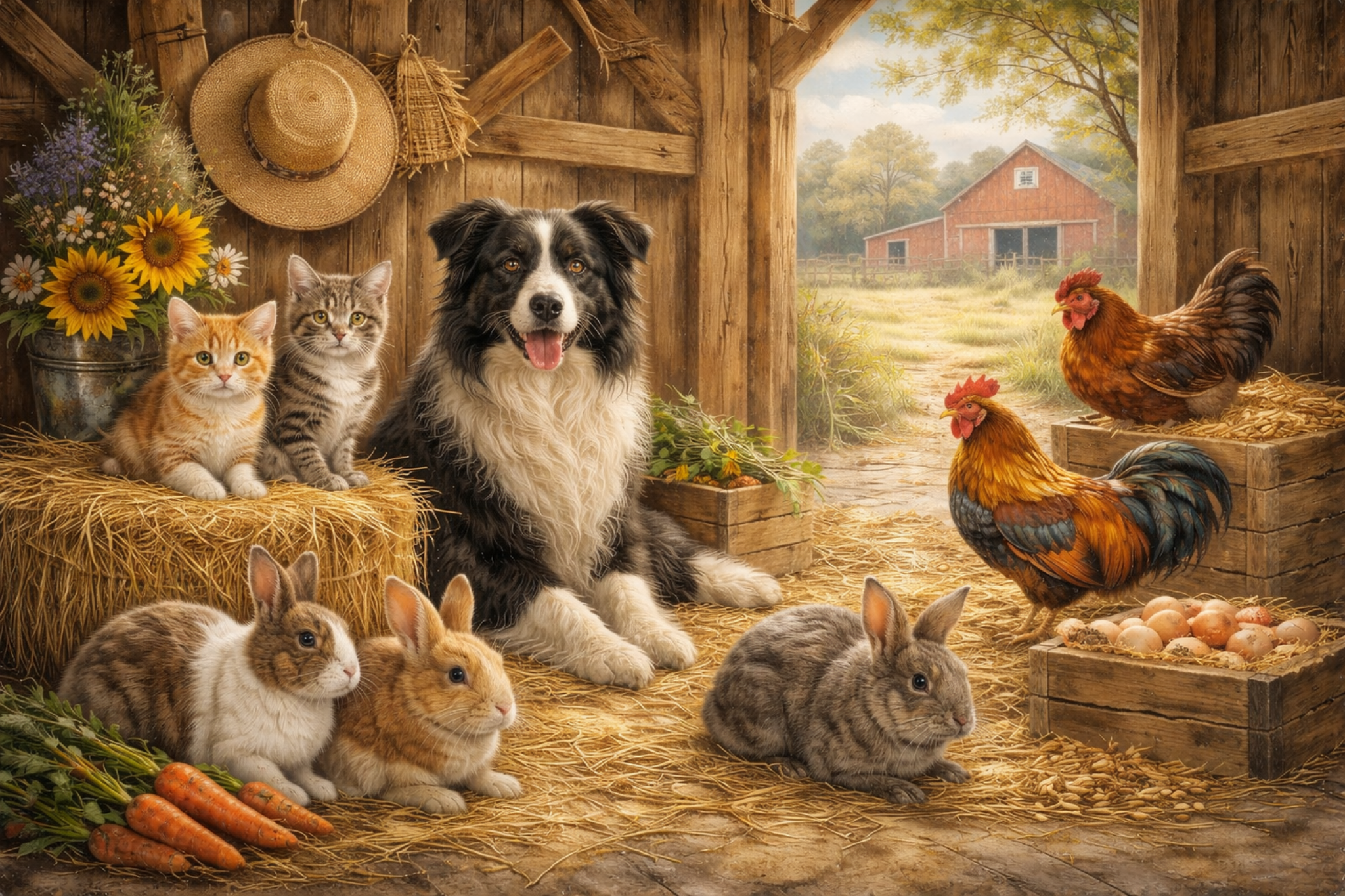 Farm animals including a dog, cat, rabbit, and chickens in a barn setting.
