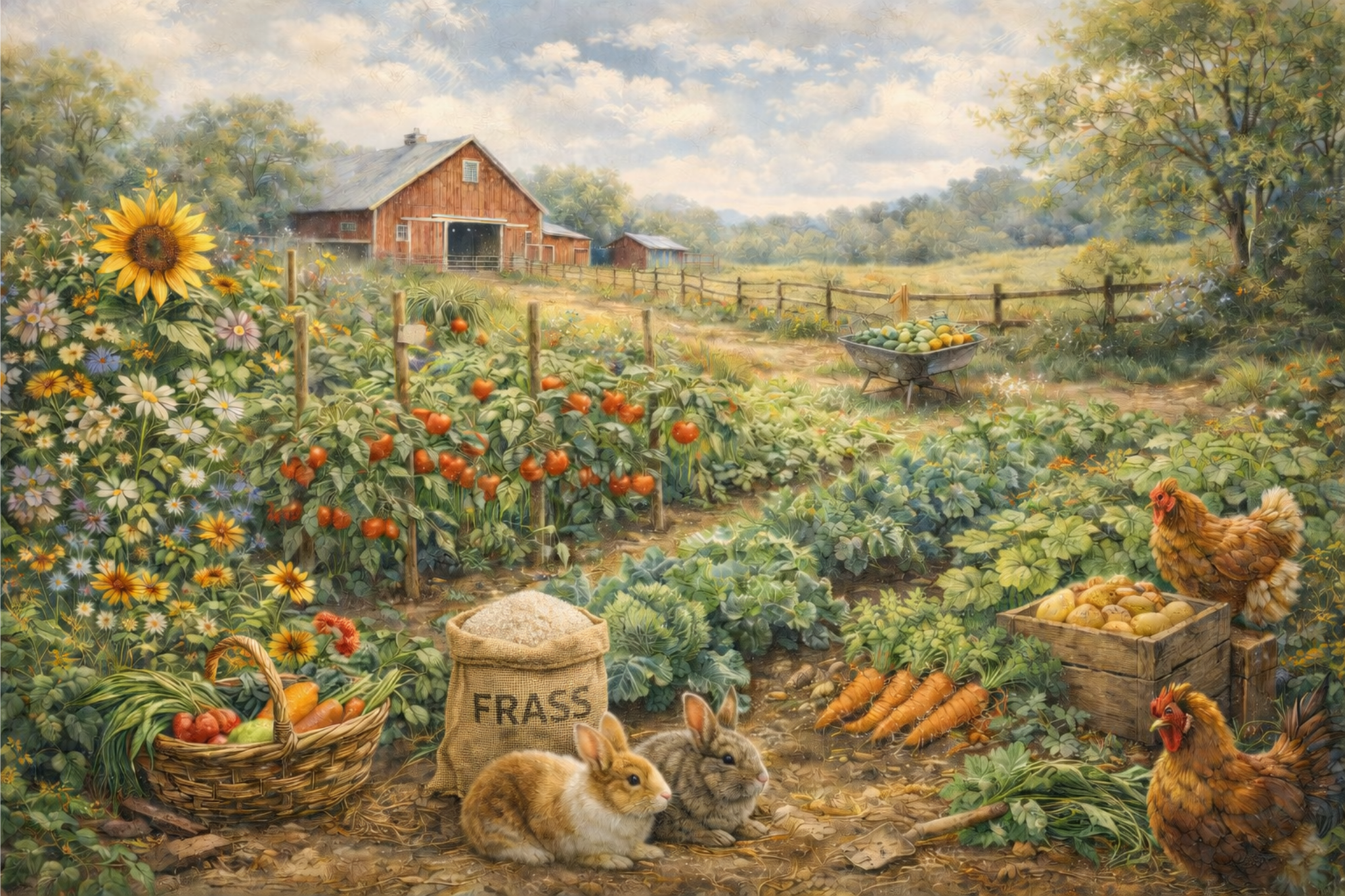Vibrant countryside scene with a garden, barn, and animals.